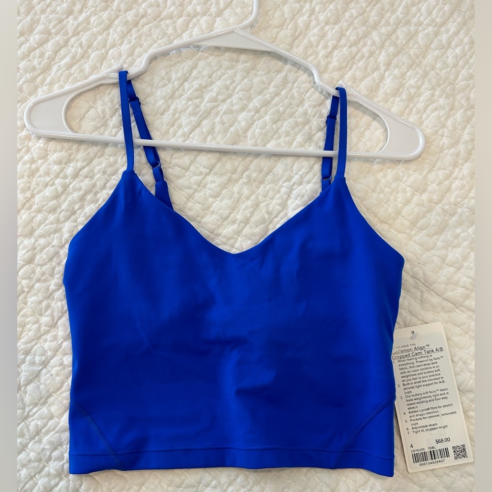 Cerulean blue, Lululemon align cropped cami tank top
Light support, A/B cup